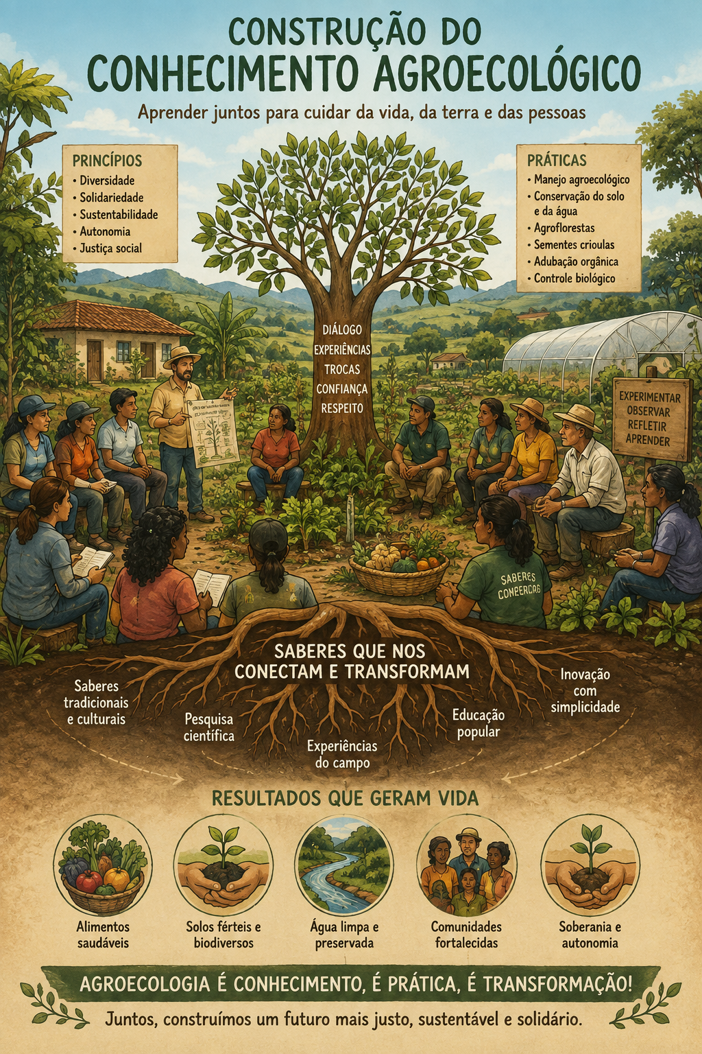 um grupo de agricultoras e técnicas em campo sentados numa roda em meio a natureza dialogando sobre idéias.